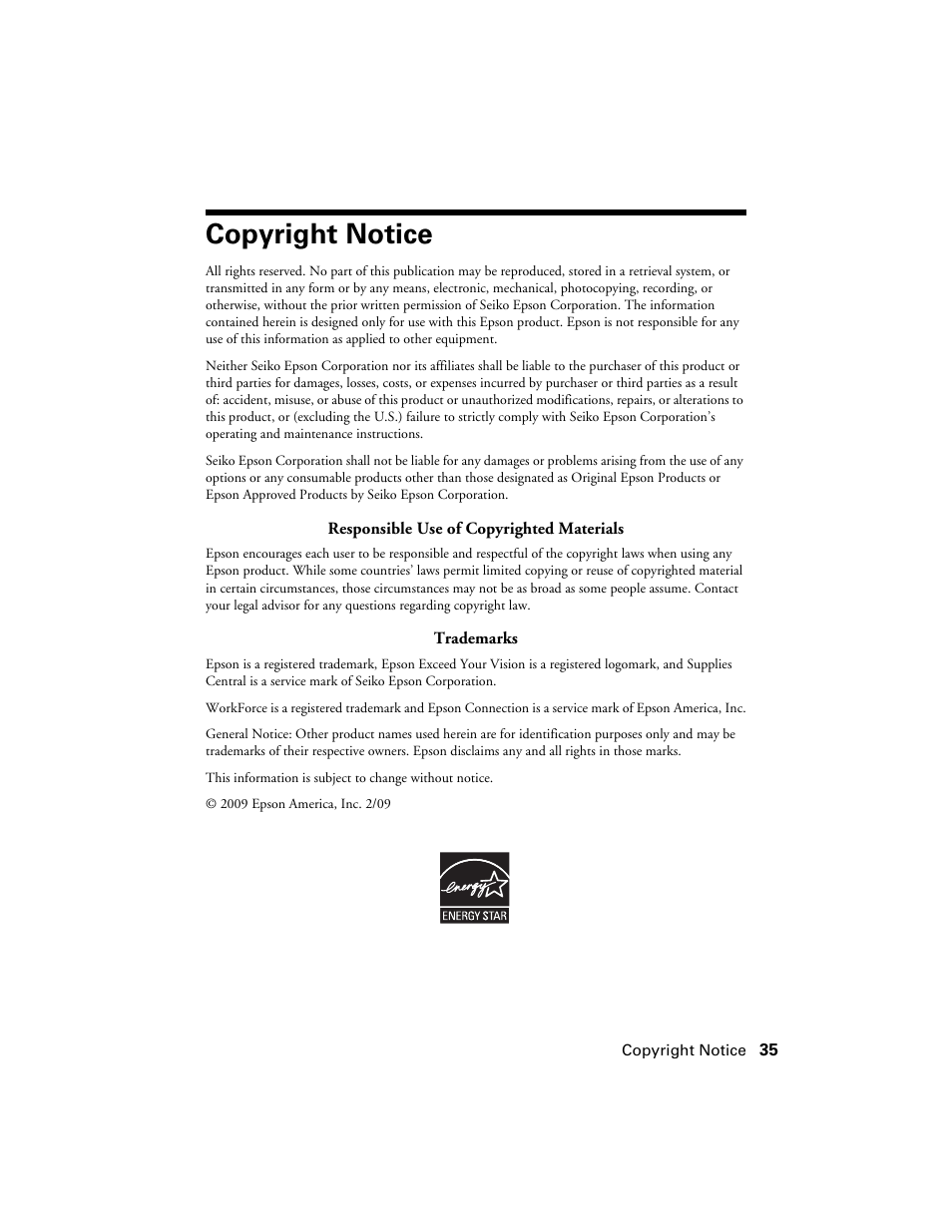 Copyright notice | Epson WorkForce 40 Series User Manual | Page 35 / 36