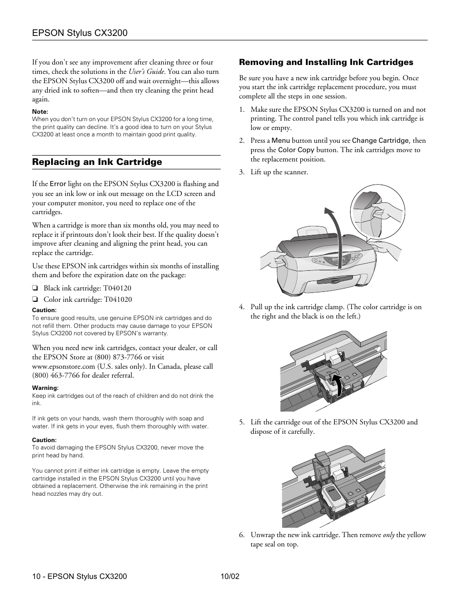 Replacing an ink cartridge, Removing and installing ink cartridges | Epson Stylus CX3200 User Manual | Page 10 / 11