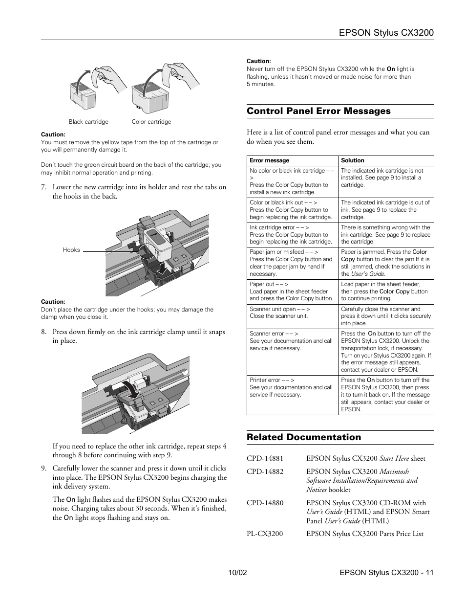 Control panel error messages, Related documentation | Epson Stylus CX3200 User Manual | Page 11 / 11