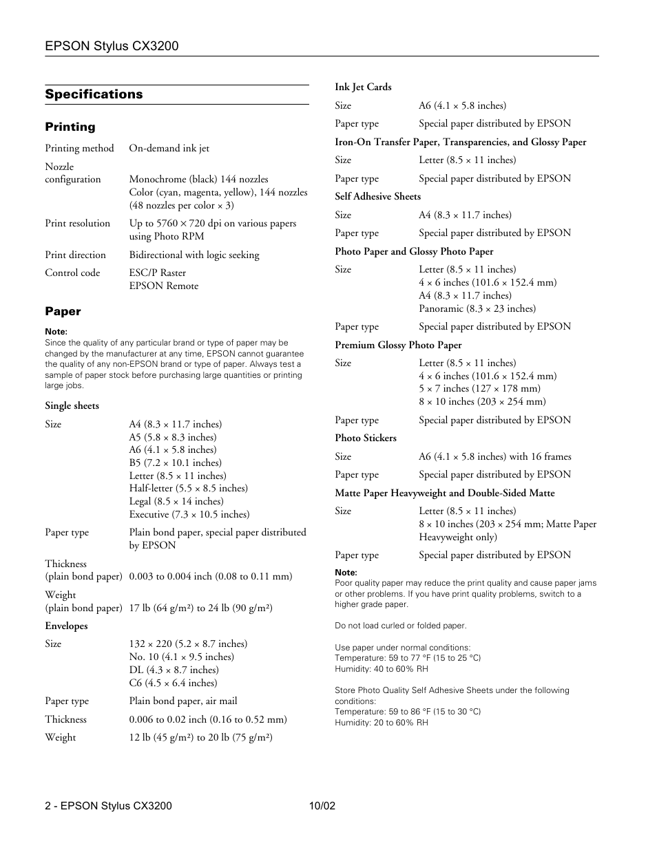 Specifications, Printing, Paper | Epson Stylus CX3200 User Manual | Page 2 / 11