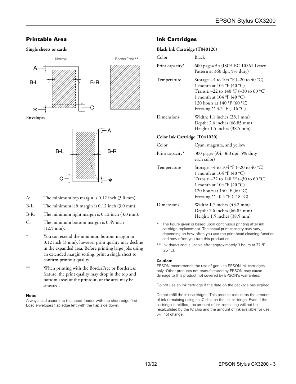 Printable area, Ink cartridges | Epson Stylus CX3200 User Manual | Page 3 / 11