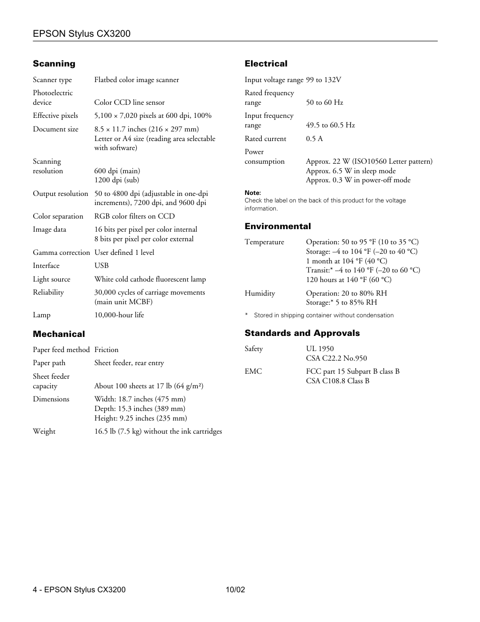 Scanning, Mechanical, Electrical | Environmental, Standards and approvals | Epson Stylus CX3200 User Manual | Page 4 / 11