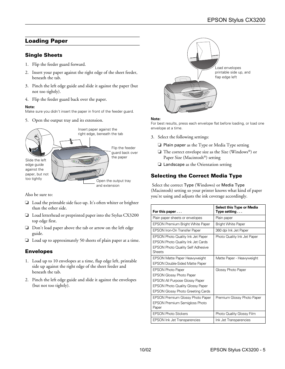 Loading paper, Single sheets, Envelopes | Selecting the correct media type | Epson Stylus CX3200 User Manual | Page 5 / 11
