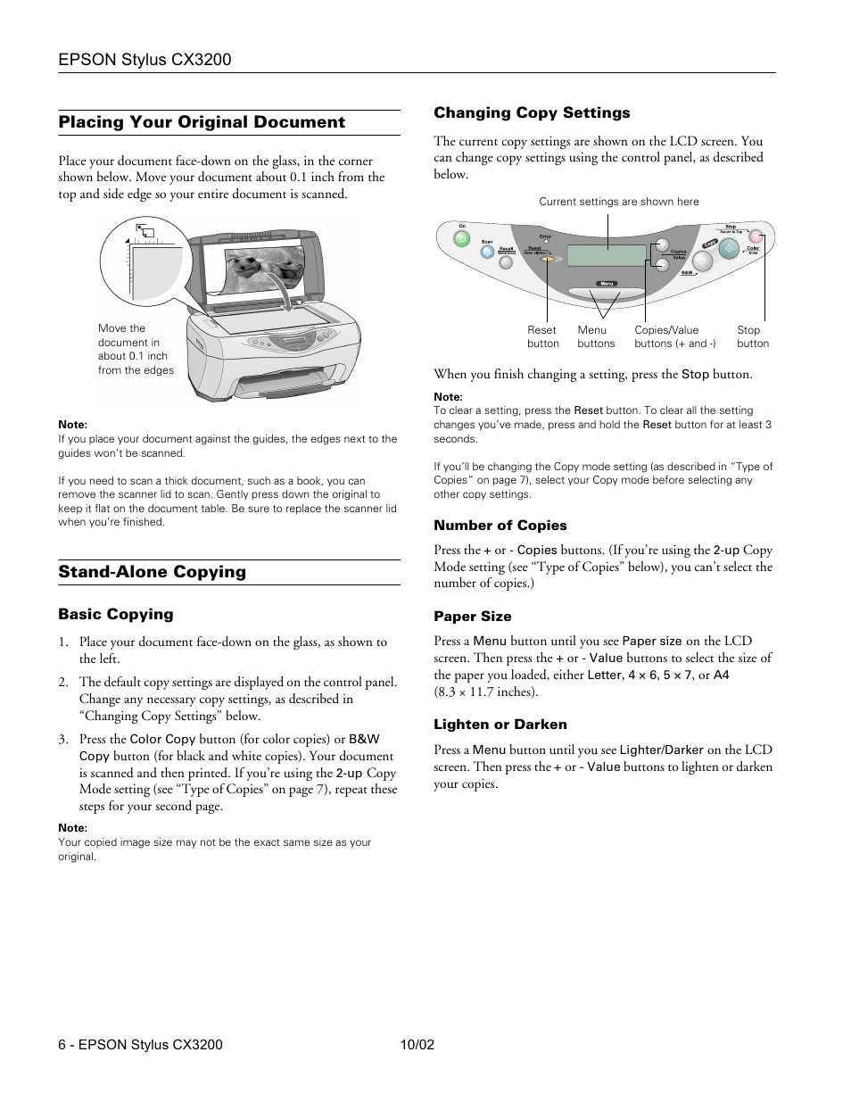 Placing your original document, Stand-alone copying, Basic copying | Changing copy settings, Number of copies, Paper size, Lighten or darken | Epson Stylus CX3200 User Manual | Page 6 / 11