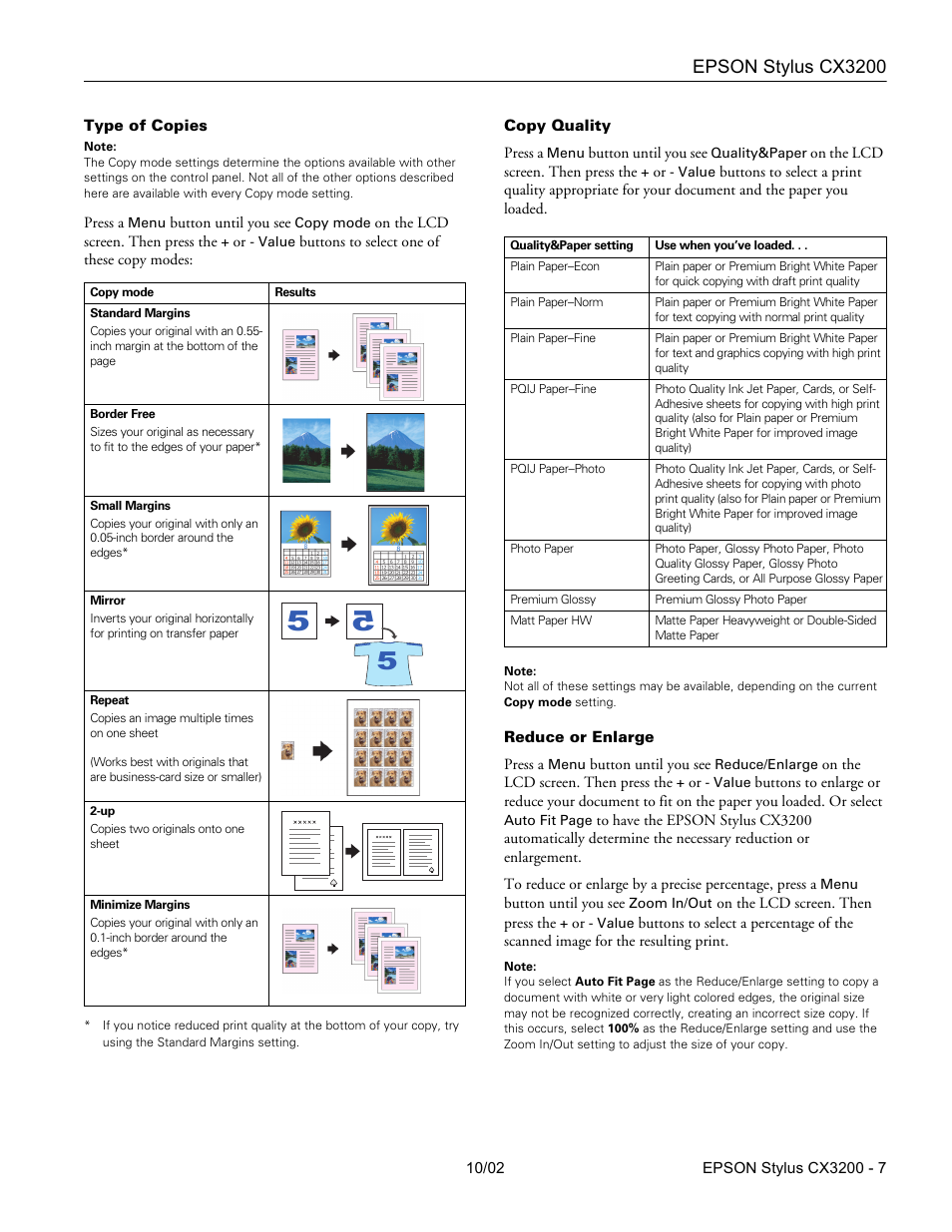 Type of copies, Copy quality, Reduce or enlarge | Mode setting (see “type of copies | Epson Stylus CX3200 User Manual | Page 7 / 11