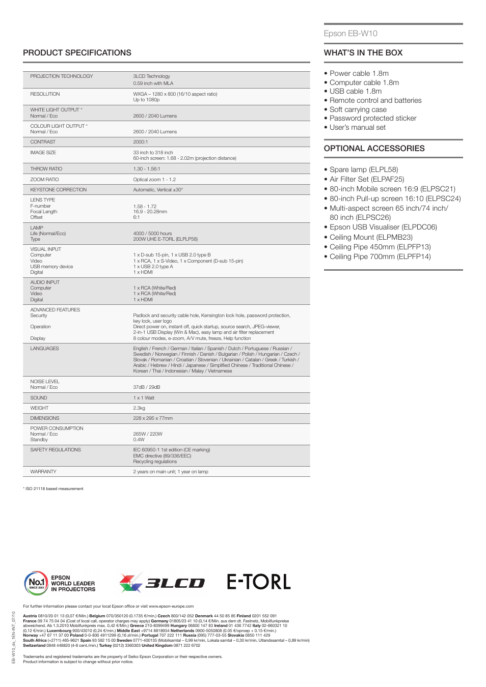 Product specifications epson eb-w10, Optional accessories, What’s in the box | Epson EB-W10 User Manual | Page 2 / 2