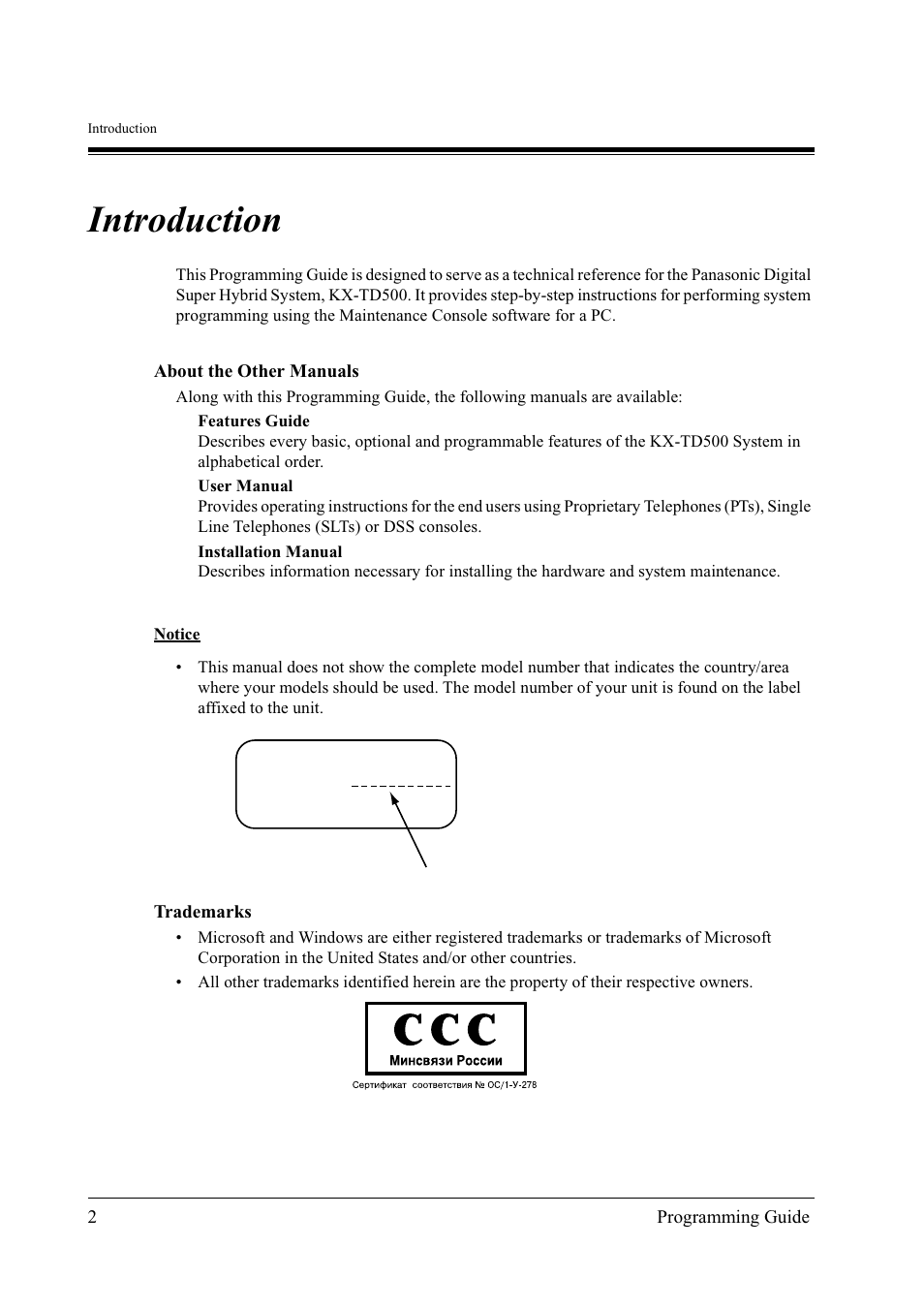 Introduction | Panasonic KX-TD500 User Manual | Page 2 / 394