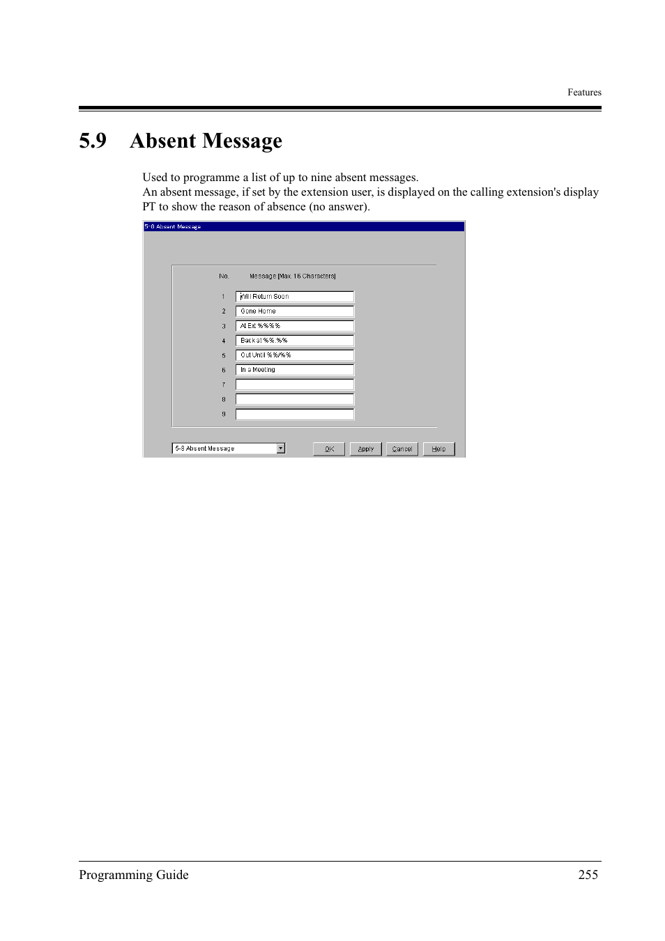 9absent message, 9 absent message | Panasonic KX-TD500 User Manual | Page 255 / 394