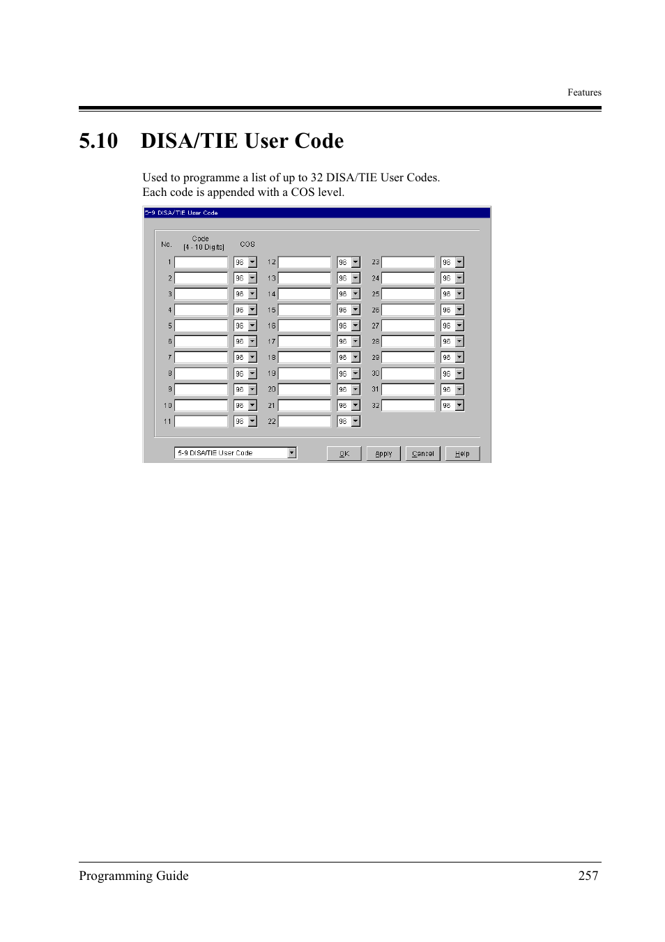 10disa/tie user code, 10 disa/tie user code | Panasonic KX-TD500 User Manual | Page 257 / 394