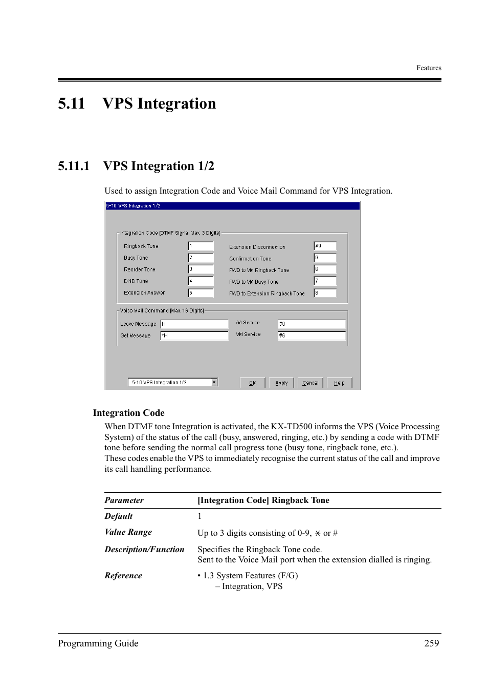 11vps integration, 11 vps integration, 1 vps integration 1/2 | Panasonic KX-TD500 User Manual | Page 259 / 394