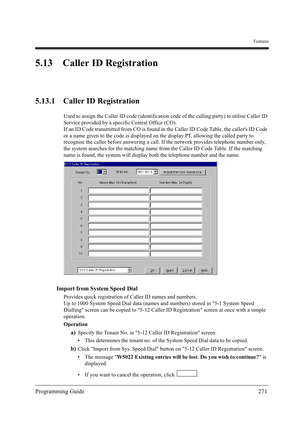 13caller id registration, 13 caller id registration, 1 caller id registration | Panasonic KX-TD500 User Manual | Page 271 / 394