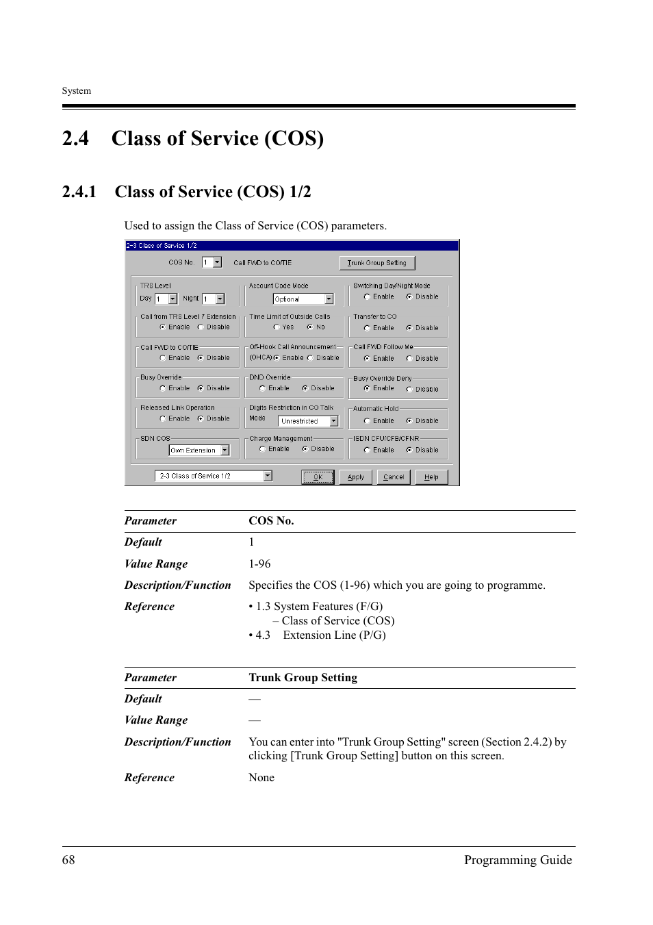 4class of service (cos), 4 class of service (cos), 1 class of service (cos) 1/2 | Panasonic KX-TD500 User Manual | Page 68 / 394