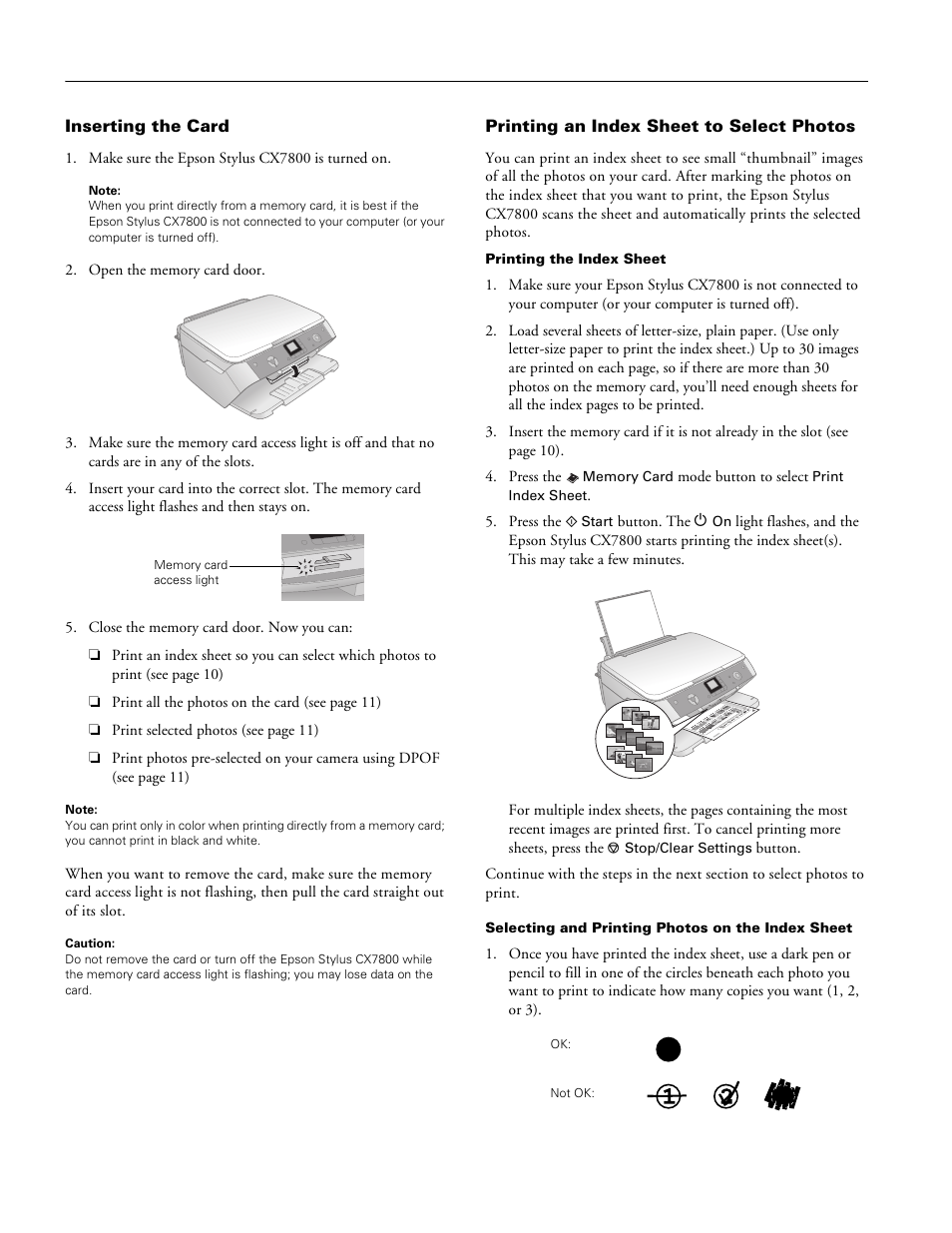 Inserting the card, Printing an index sheet to select photos | Epson Stylus CX7800 User Manual | Page 10 / 18