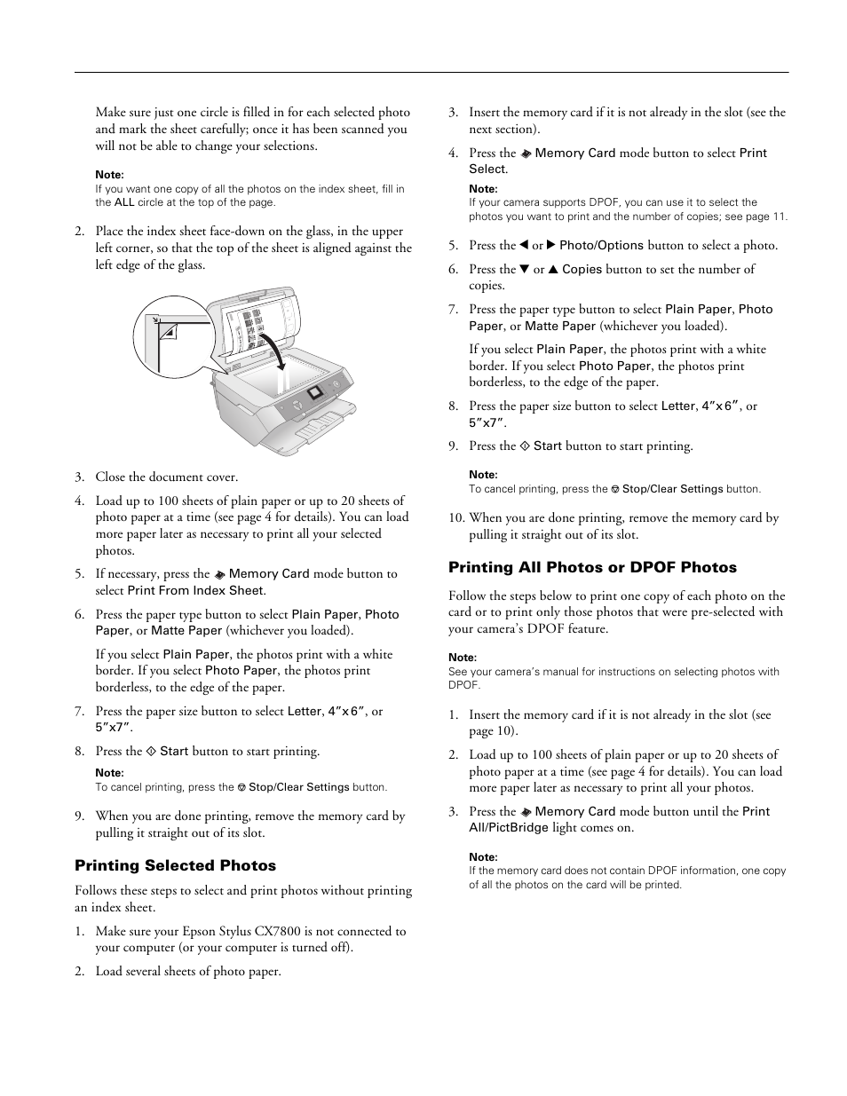 Printing selected photos, Printing all photos or dpof photos | Epson Stylus CX7800 User Manual | Page 11 / 18