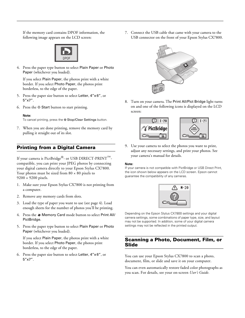 Printing from a digital camera, Scanning a photo, document, film, or slide | Epson Stylus CX7800 User Manual | Page 12 / 18