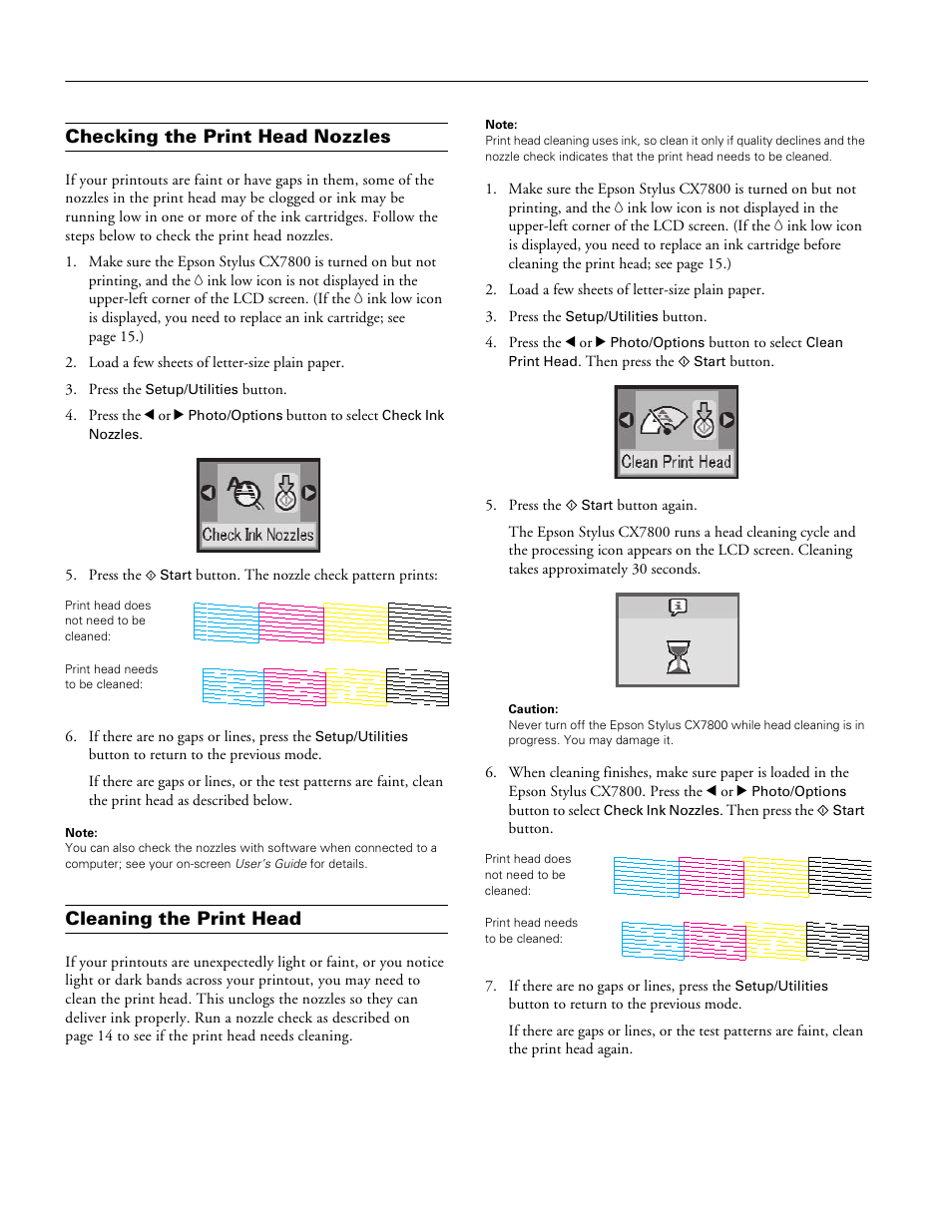 Checking the print head nozzles, Cleaning the print head | Epson Stylus CX7800 User Manual | Page 14 / 18