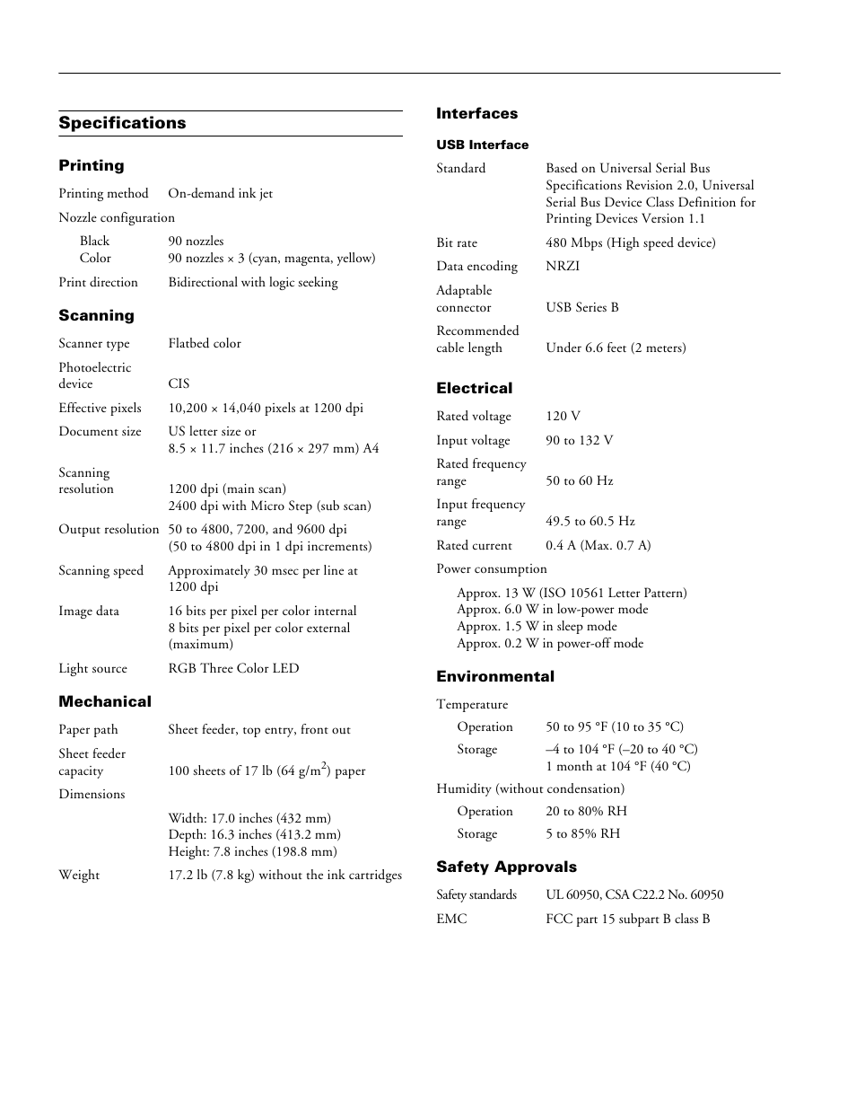 Specifications, Printing, Scanning | Mechanical, Interfaces, Electrical, Environmental, Safety approvals | Epson Stylus CX7800 User Manual | Page 2 / 18