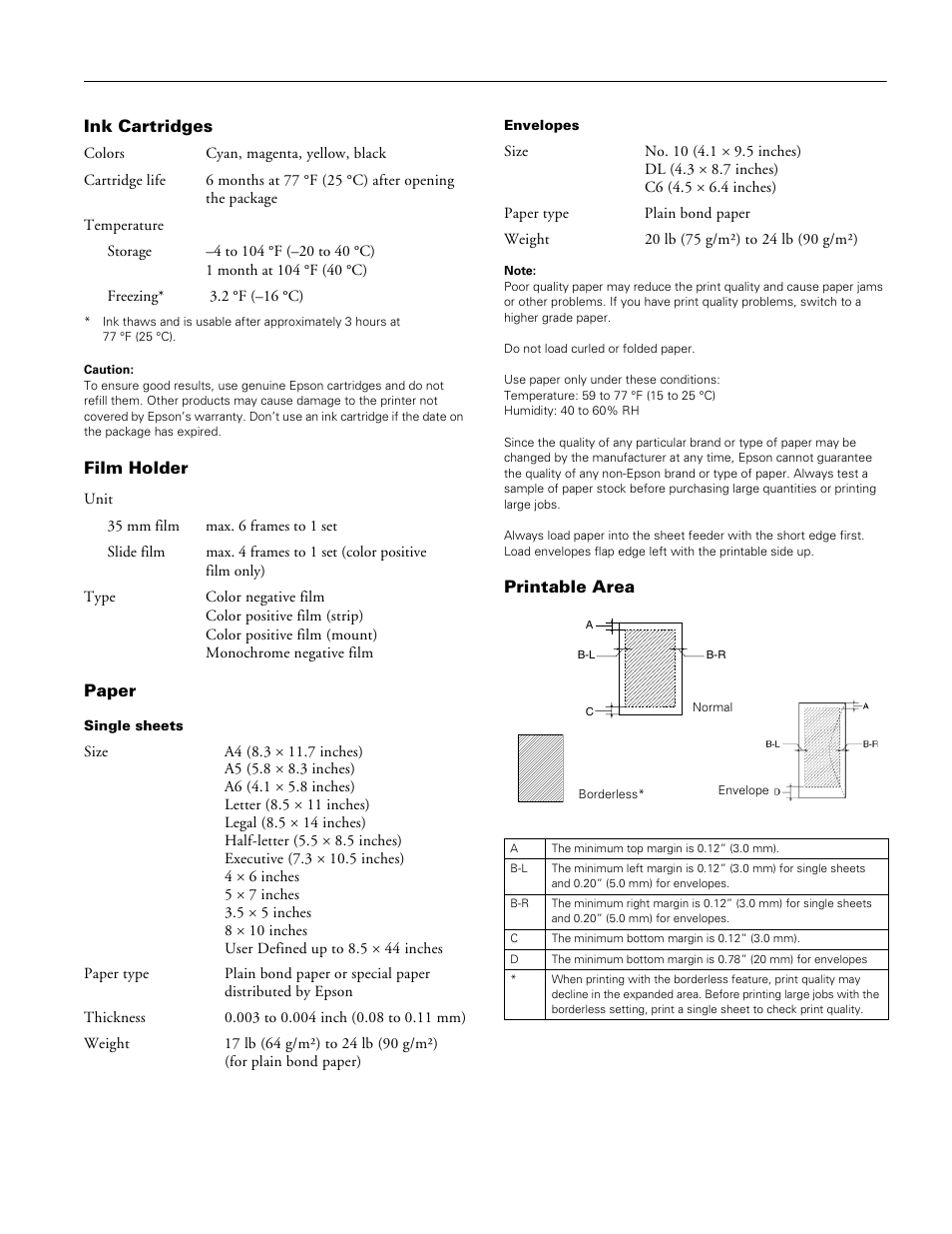 Ink cartridges, Film holder, Paper | Printable area, Epson stylus cx7800 | Epson Stylus CX7800 User Manual | Page 3 / 18