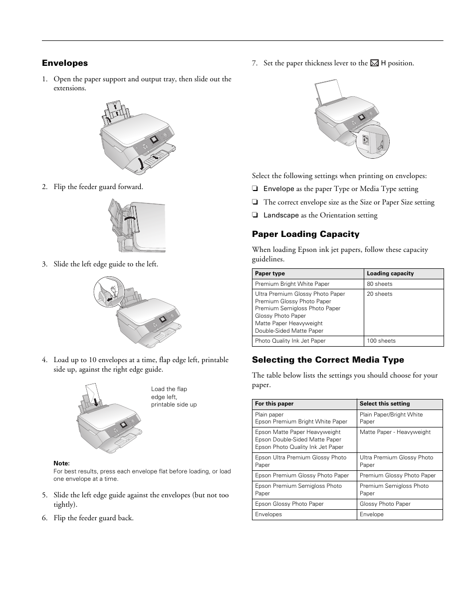 Envelopes, Paper loading capacity, Selecting the correct media type | Epson stylus cx7800 | Epson Stylus CX7800 User Manual | Page 5 / 18