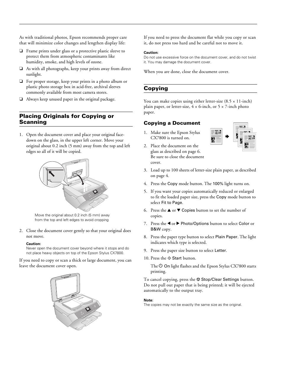 Placing originals for copying or scanning, Copying, Copying a document | Epson Stylus CX7800 User Manual | Page 6 / 18