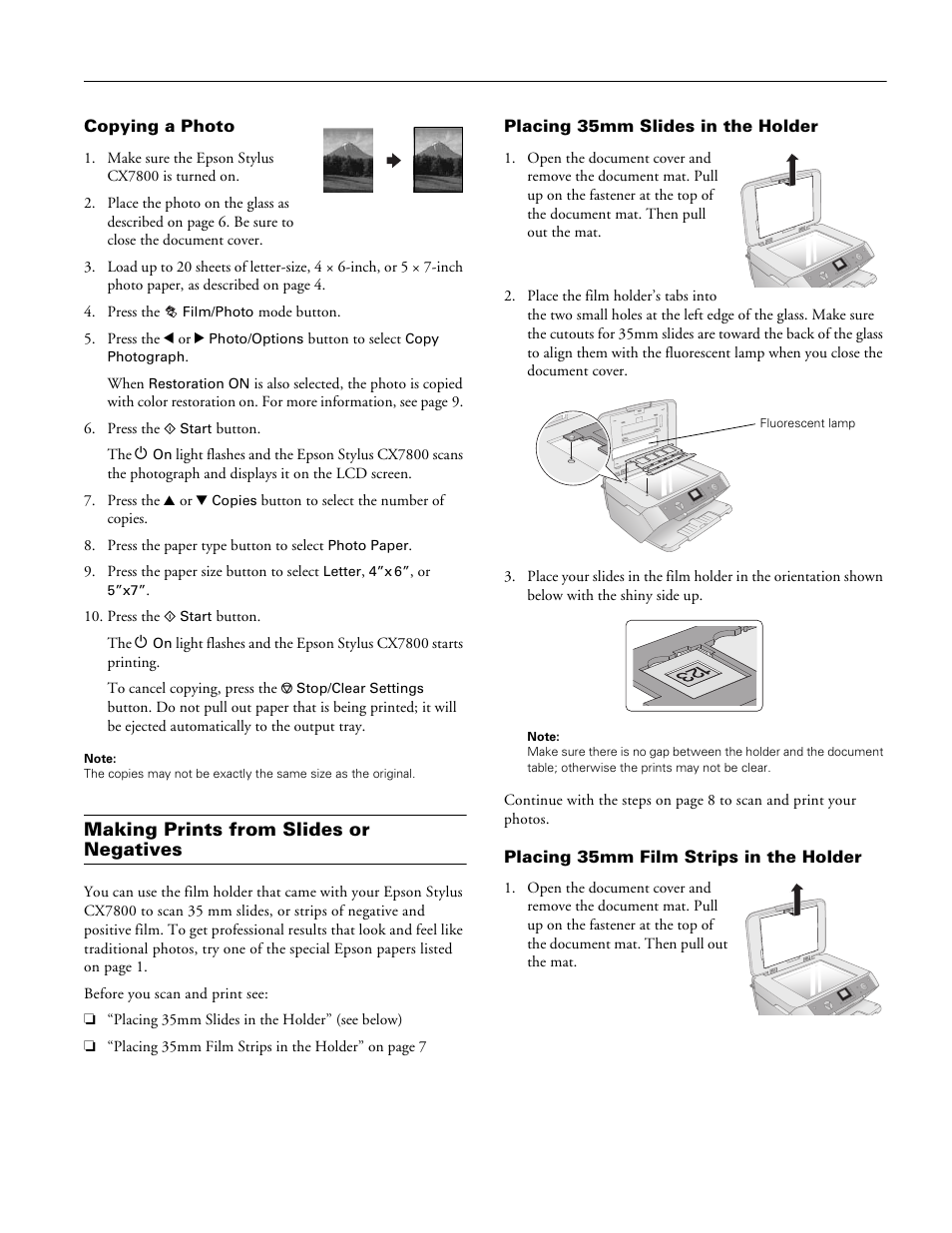 Copying a photo, Making prints from slides or negatives, Placing 35mm slides in the holder | Placing 35mm film strips in the holder | Epson Stylus CX7800 User Manual | Page 7 / 18
