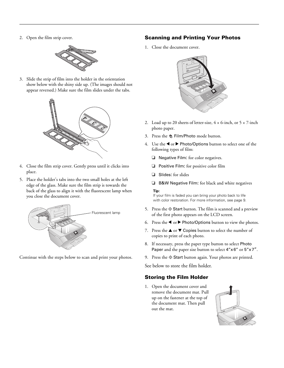 Scanning and printing your photos, Storing the film holder | Epson Stylus CX7800 User Manual | Page 8 / 18