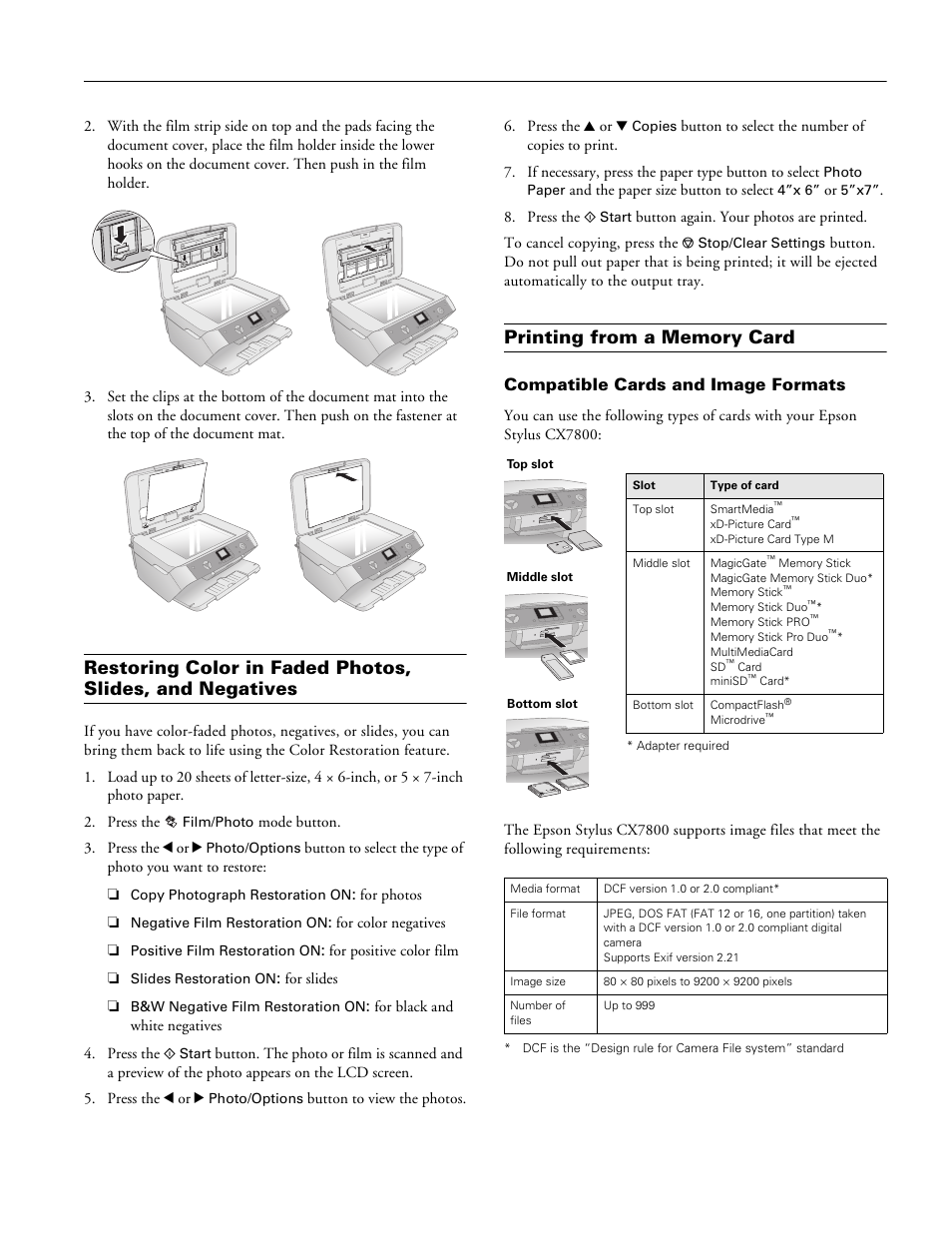 Printing from a memory card, Compatible cards and image formats, Epson stylus cx7800 | Epson Stylus CX7800 User Manual | Page 9 / 18
