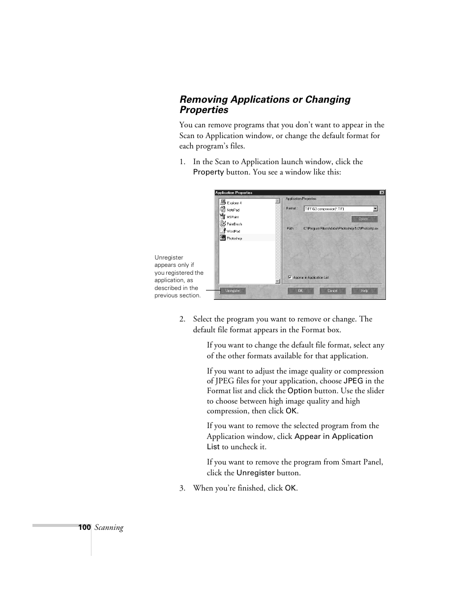 Removing applications or changing properties | Epson 2500 User Manual | Page 106 / 180