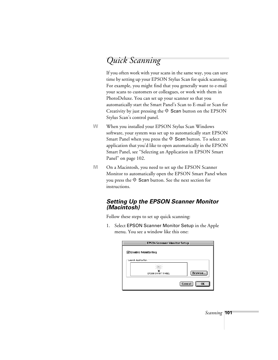 Quick scanning, Setting up the epson scanner monitor (macintosh) | Epson 2500 User Manual | Page 107 / 180