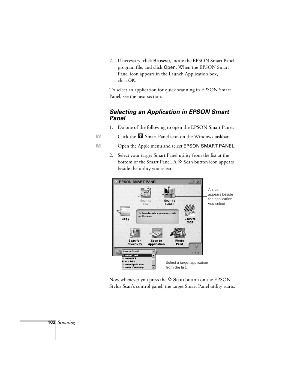 Selecting an application in epson smart panel | Epson 2500 User Manual | Page 108 / 180