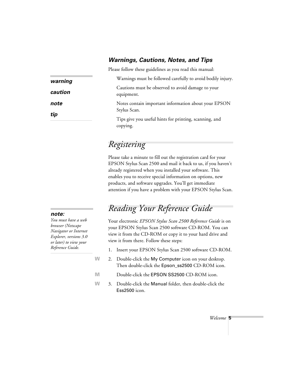 Warnings, cautions, notes, and tips, Registering, Reading your reference guide | Epson 2500 User Manual | Page 11 / 180