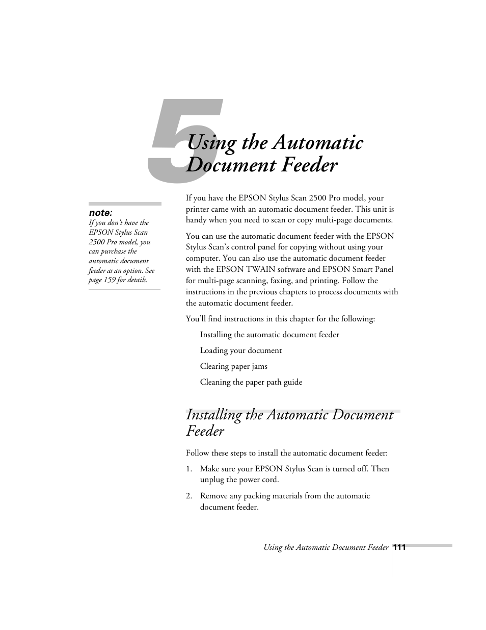 Chap 5-using the automatic document feeder, Installing the automatic document feeder, Using the automatic document feeder | Epson 2500 User Manual | Page 117 / 180