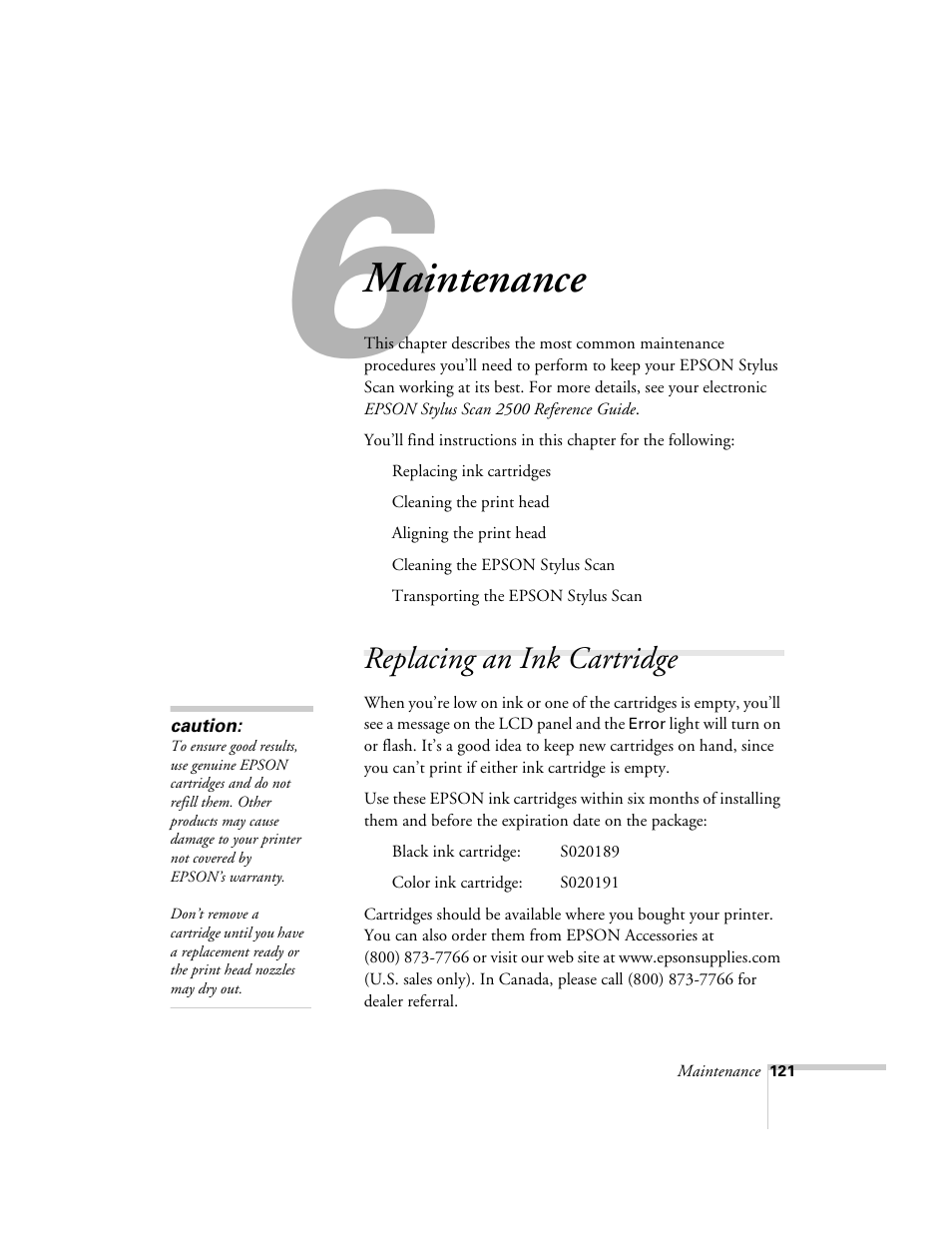 Chap 6-maintenance, Replacing an ink cartridge, Maintenance | Epson 2500 User Manual | Page 127 / 180
