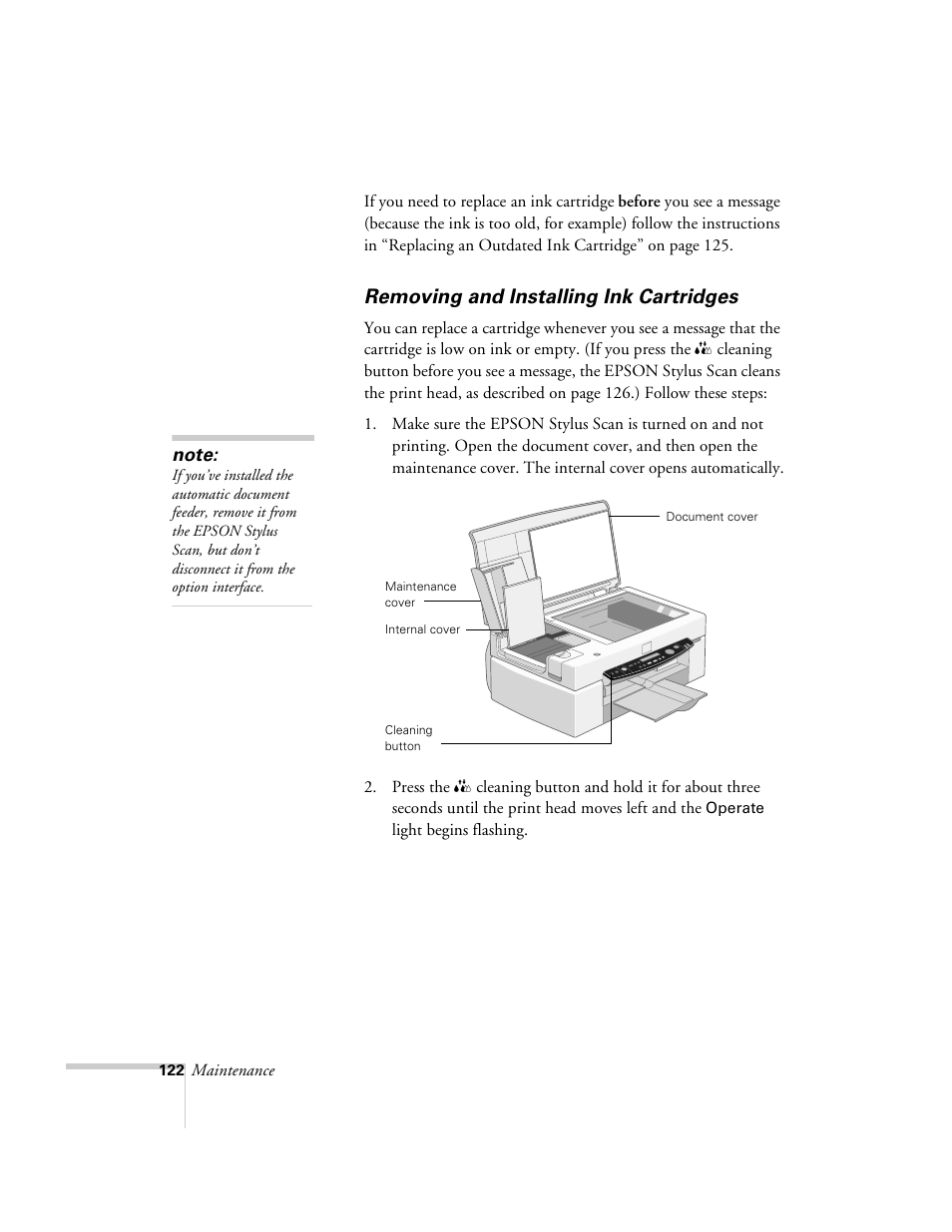 Removing and installing ink cartridges | Epson 2500 User Manual | Page 128 / 180
