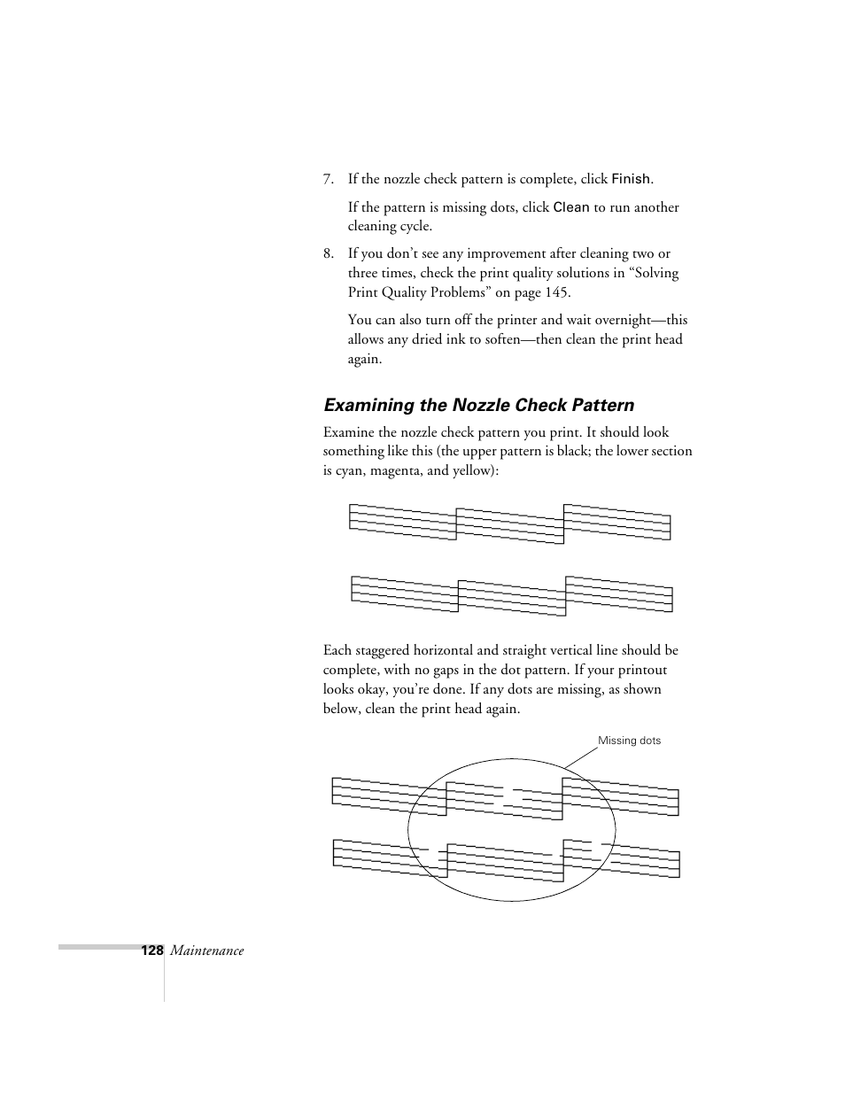 Examining the nozzle check pattern | Epson 2500 User Manual | Page 134 / 180