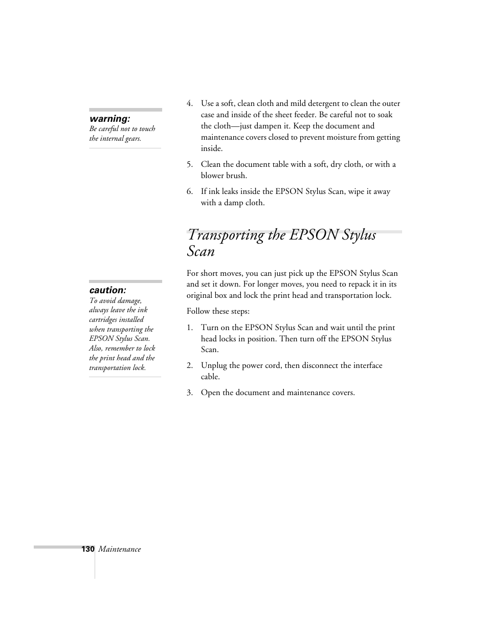 Transporting the epson stylus scan | Epson 2500 User Manual | Page 136 / 180