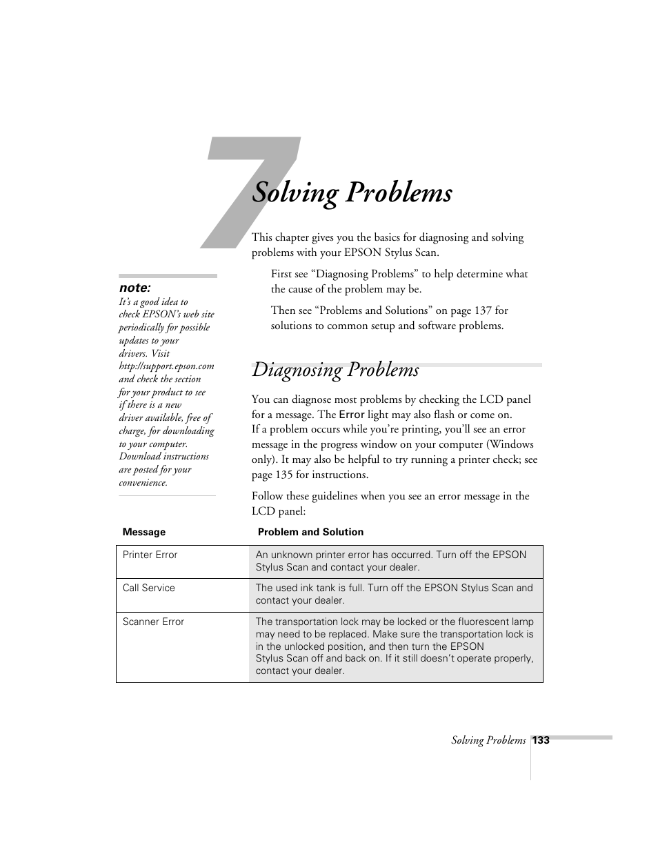 Chap 7-solving problems, Diagnosing problems, Solving problems | Epson 2500 User Manual | Page 139 / 180