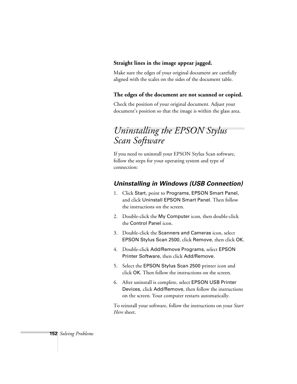 Uninstalling the epson stylus scan software, Uninstalling in windows (usb connection) | Epson 2500 User Manual | Page 158 / 180
