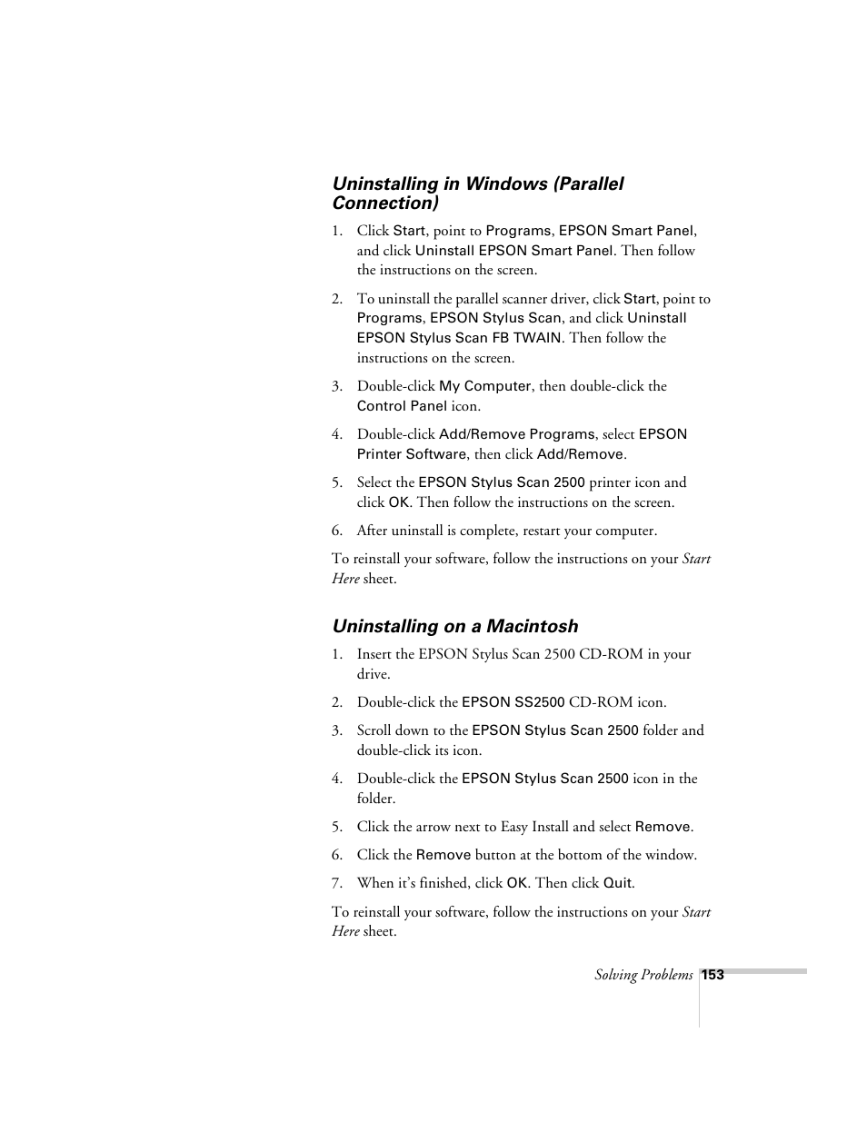 Uninstalling in windows (parallel connection), Uninstalling on a macintosh | Epson 2500 User Manual | Page 159 / 180