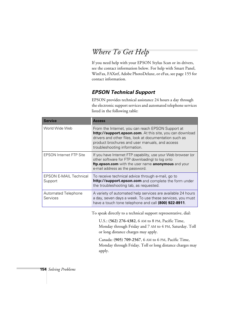 Where to get help, Epson technical support | Epson 2500 User Manual | Page 160 / 180