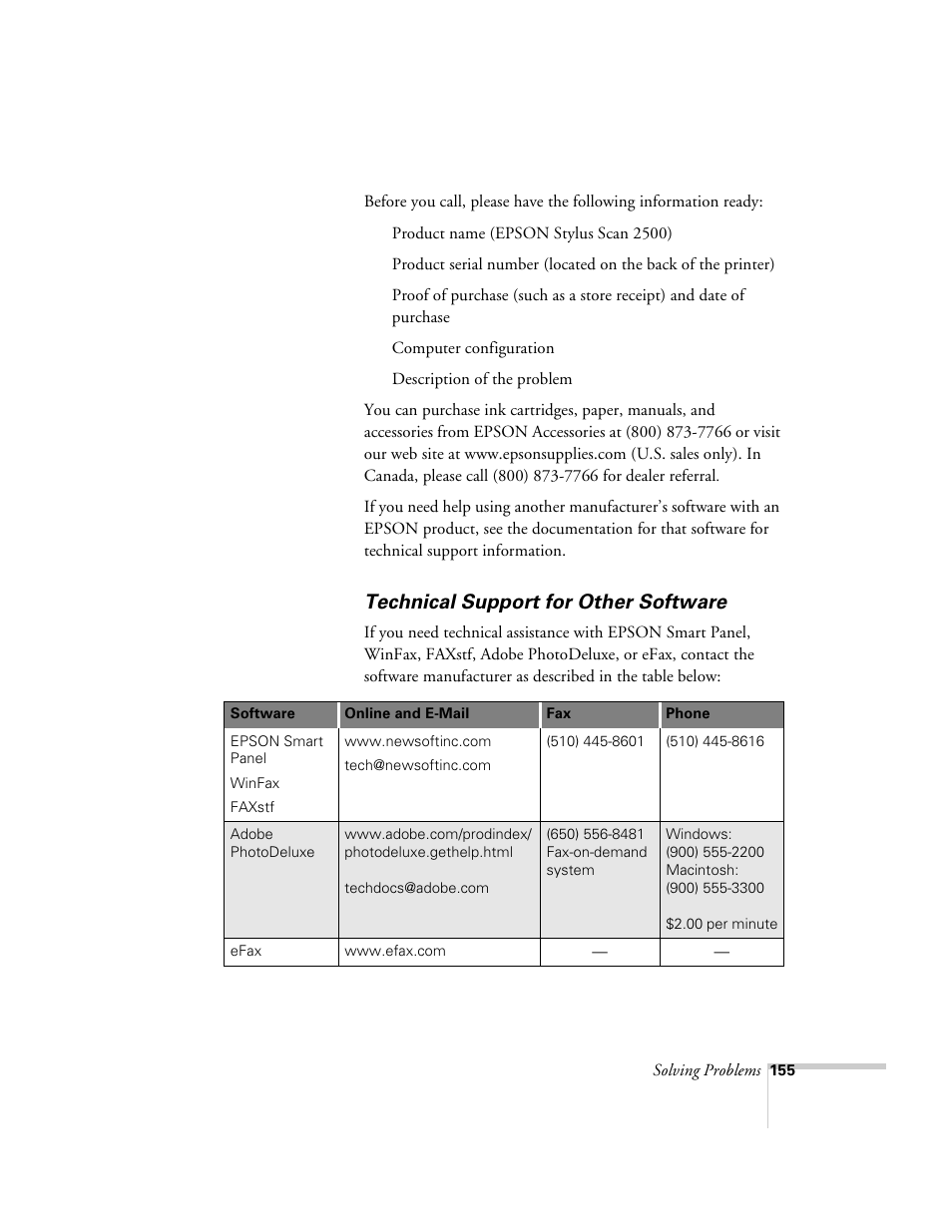Technical support for other software | Epson 2500 User Manual | Page 161 / 180