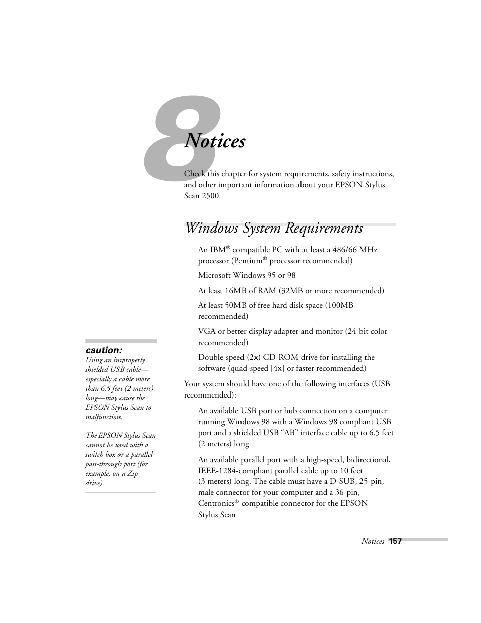 Chap 8-notices, Windows system requirements, Notices | Epson 2500 User Manual | Page 163 / 180