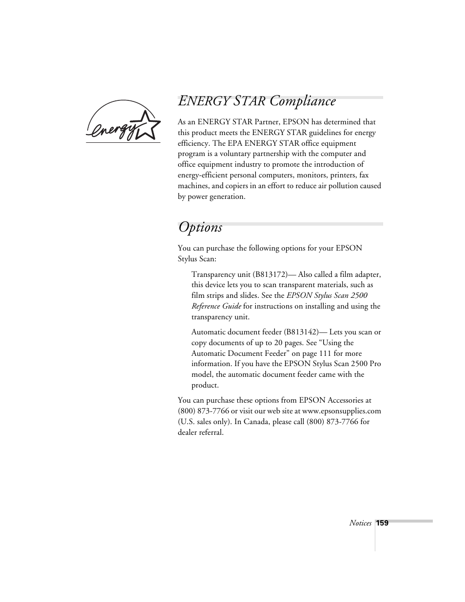 Energy star compliance, Options, Compliance | Nergy | Epson 2500 User Manual | Page 165 / 180