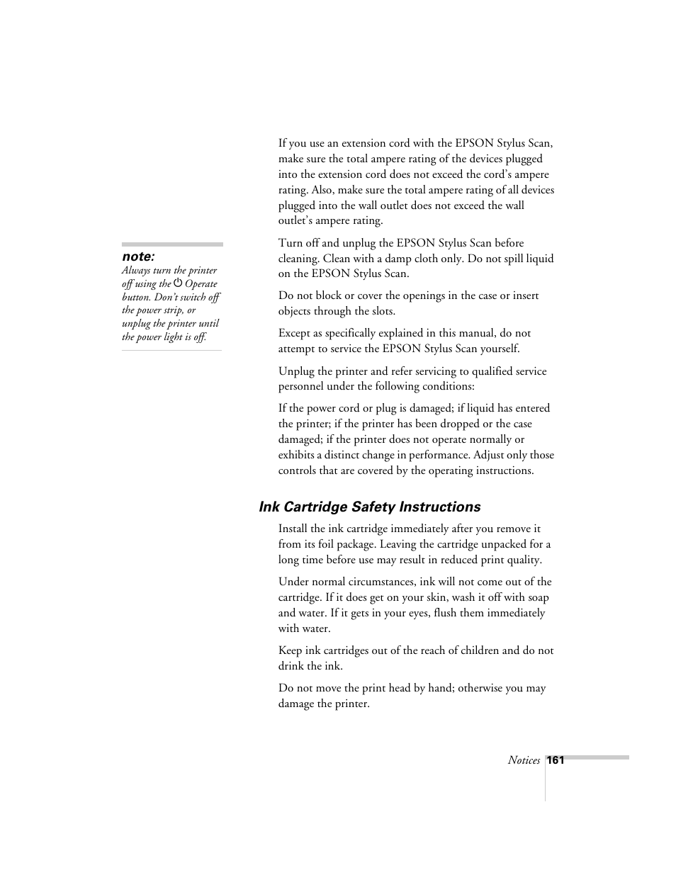 Ink cartridge safety instructions | Epson 2500 User Manual | Page 167 / 180
