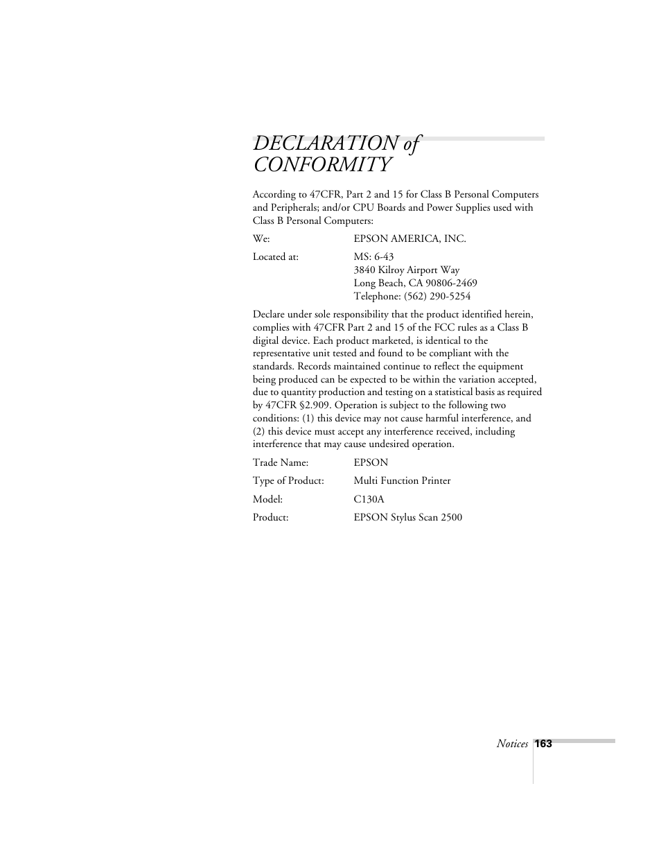 Declaration of conformity | Epson 2500 User Manual | Page 169 / 180