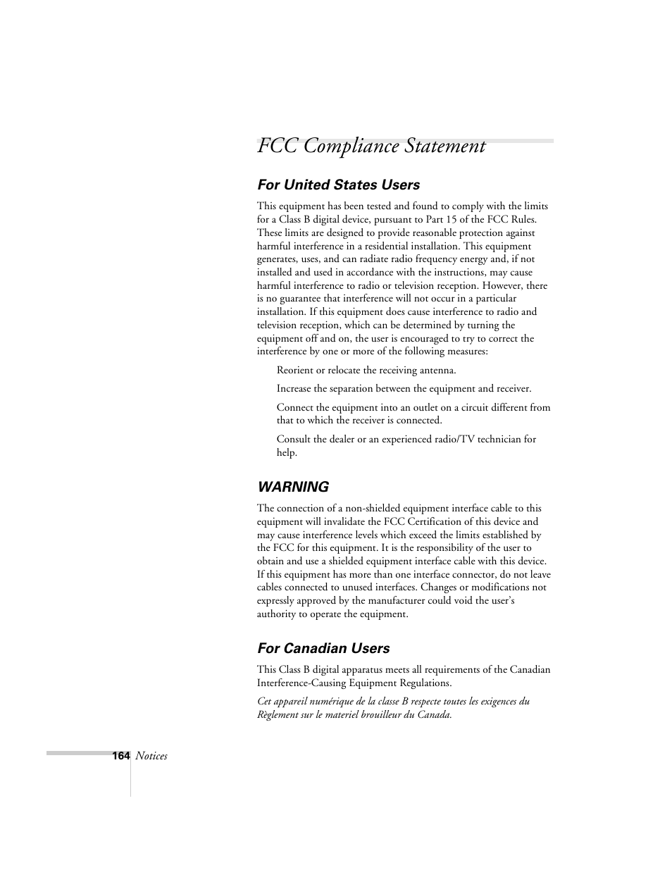 Fcc compliance statement, For united states users, Warning | For canadian users | Epson 2500 User Manual | Page 170 / 180