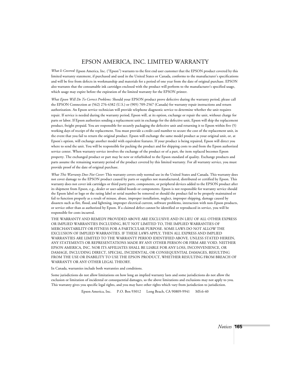 Epson america, inc. limited warranty, Notices | Epson 2500 User Manual | Page 171 / 180