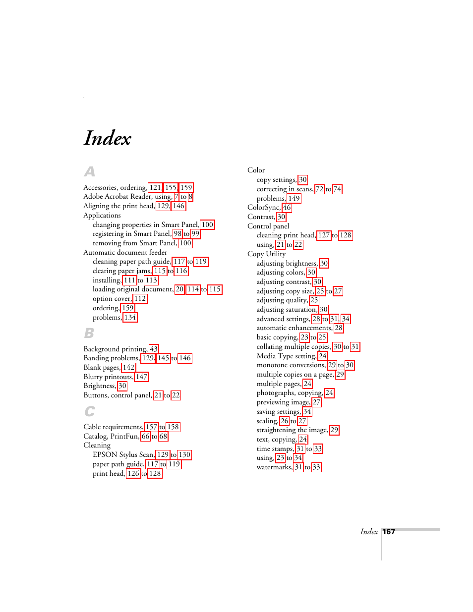 Index | Epson 2500 User Manual | Page 173 / 180
