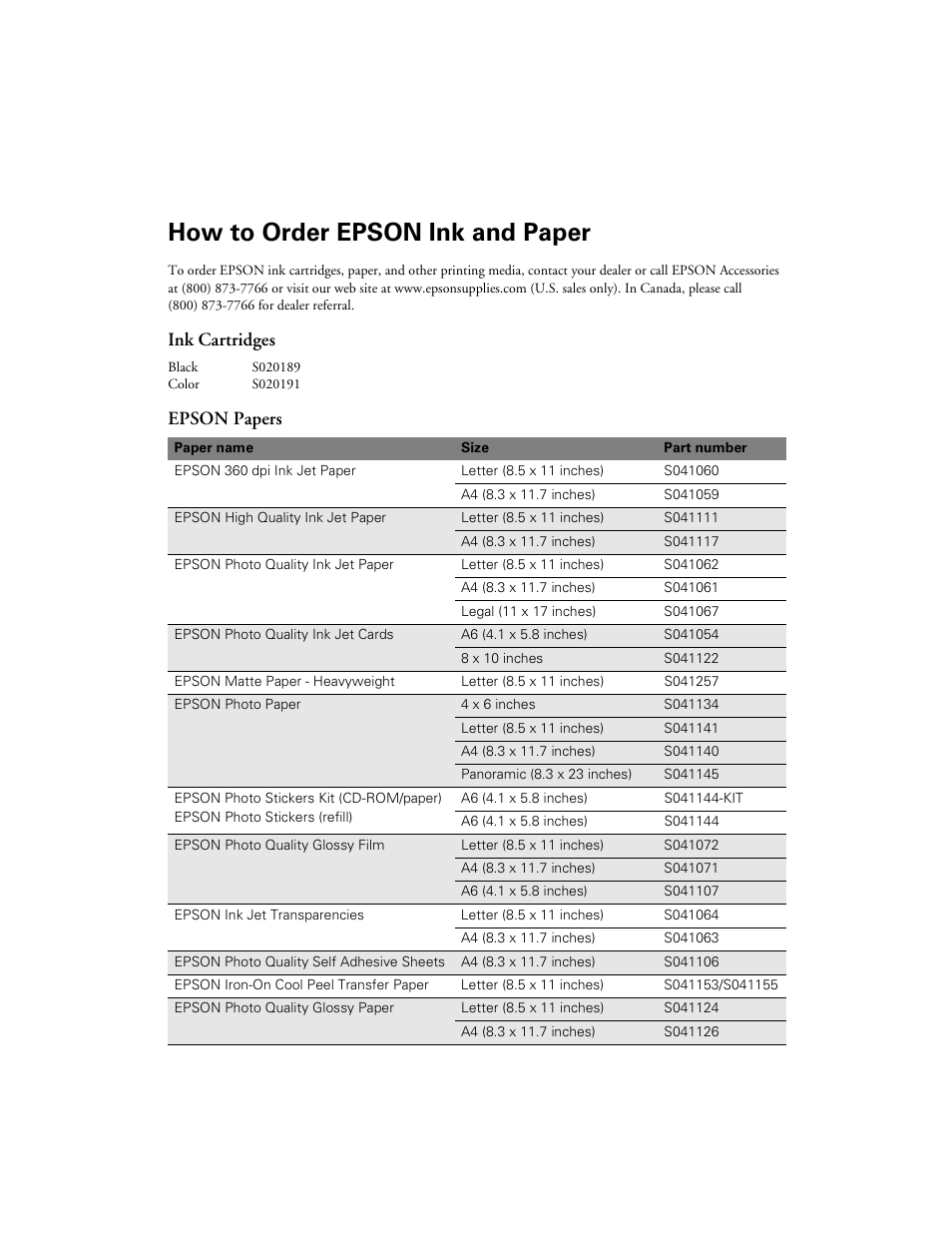 How to order epson ink and paper, Ink cartridges, Epson papers | Epson 2500 User Manual | Page 180 / 180