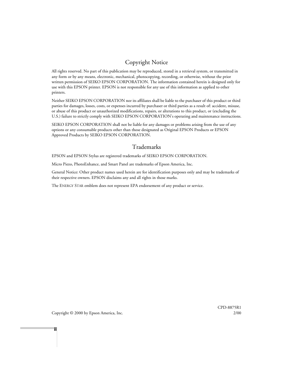 Copyright notice, Trademarks | Epson 2500 User Manual | Page 2 / 180